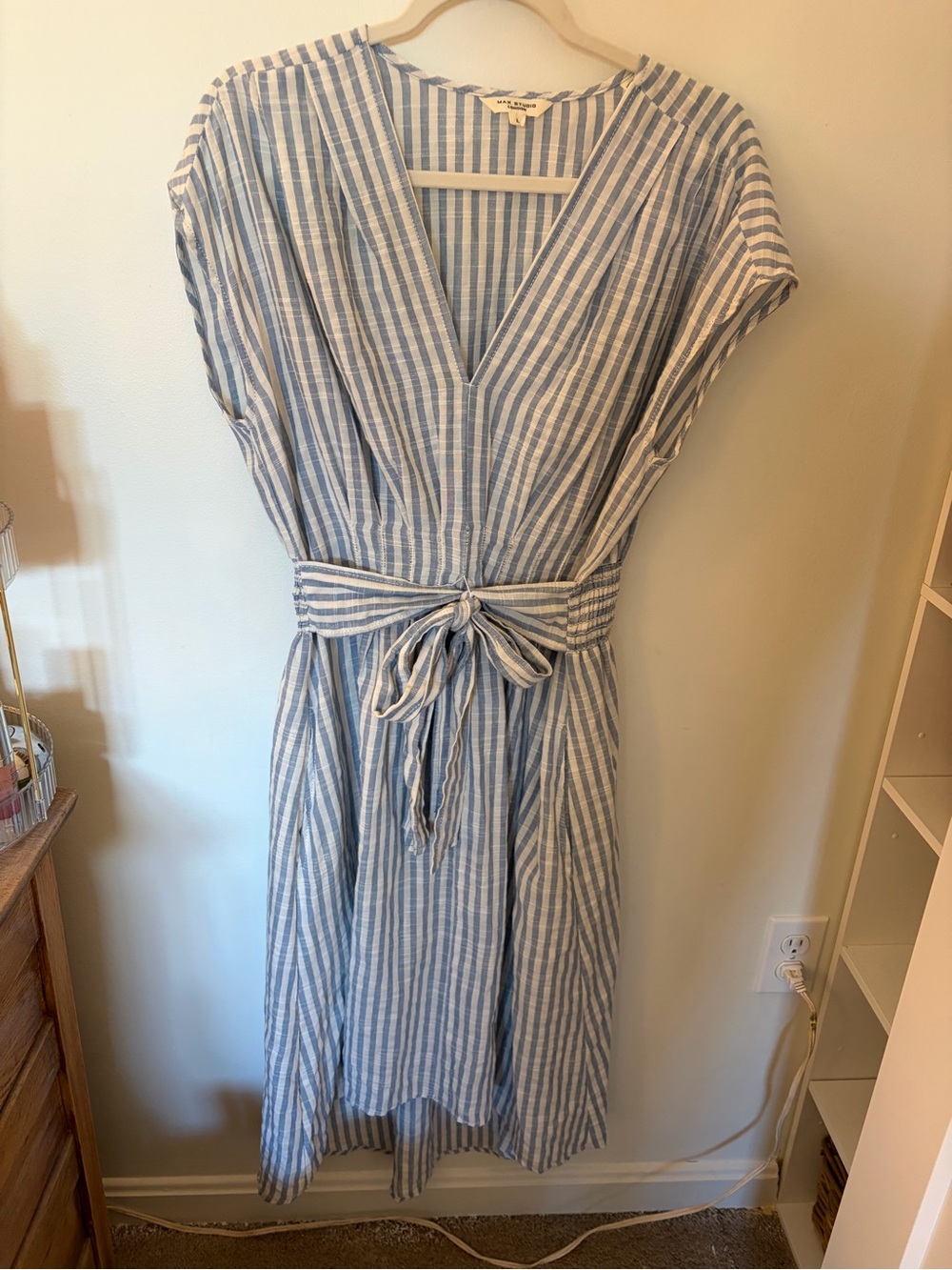 Max Studio Blue & White Striped V-Neck Tie-Waist Midi Dress